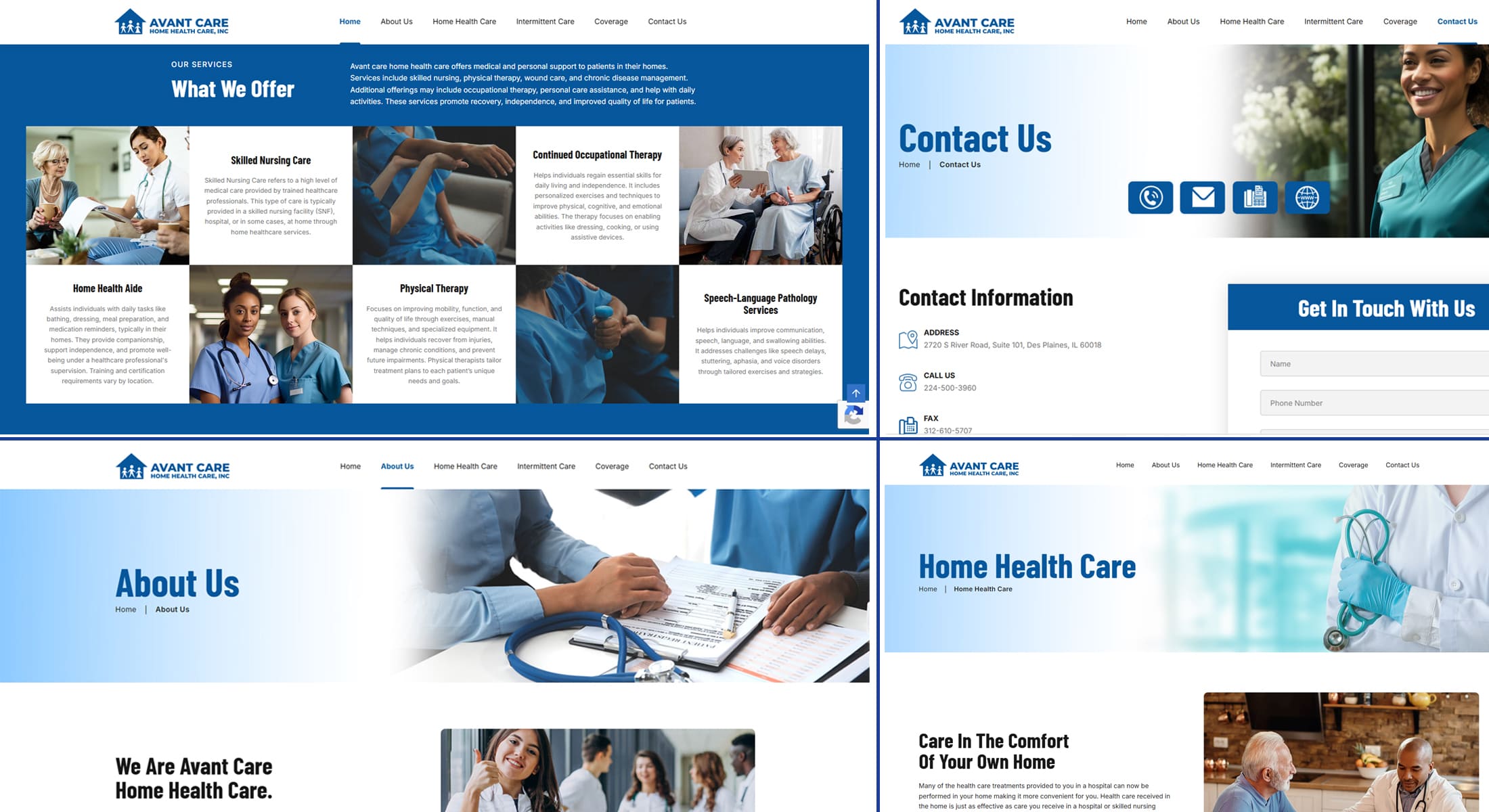 Screenshot collage of pages from the Avant Care Home Health website