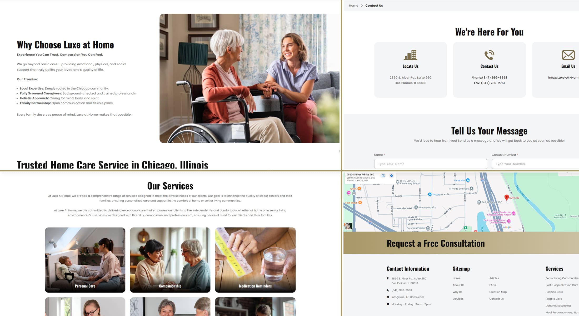Screenshot collage of pages from the Luxe At Home website