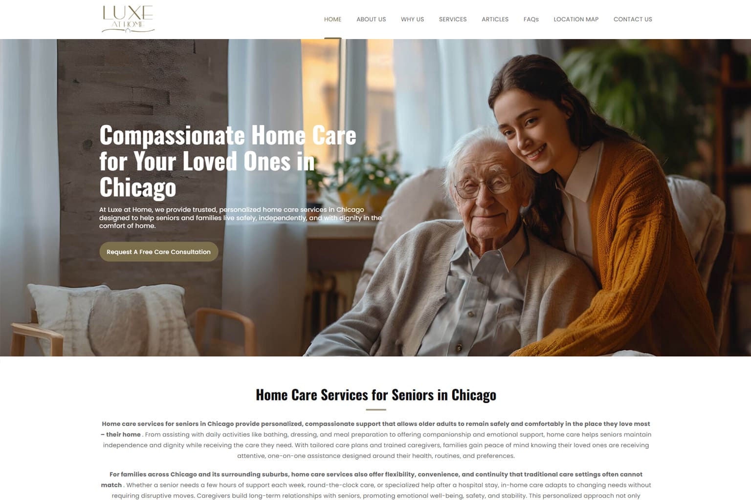Browser mockup of the Luxe At Home website homepage