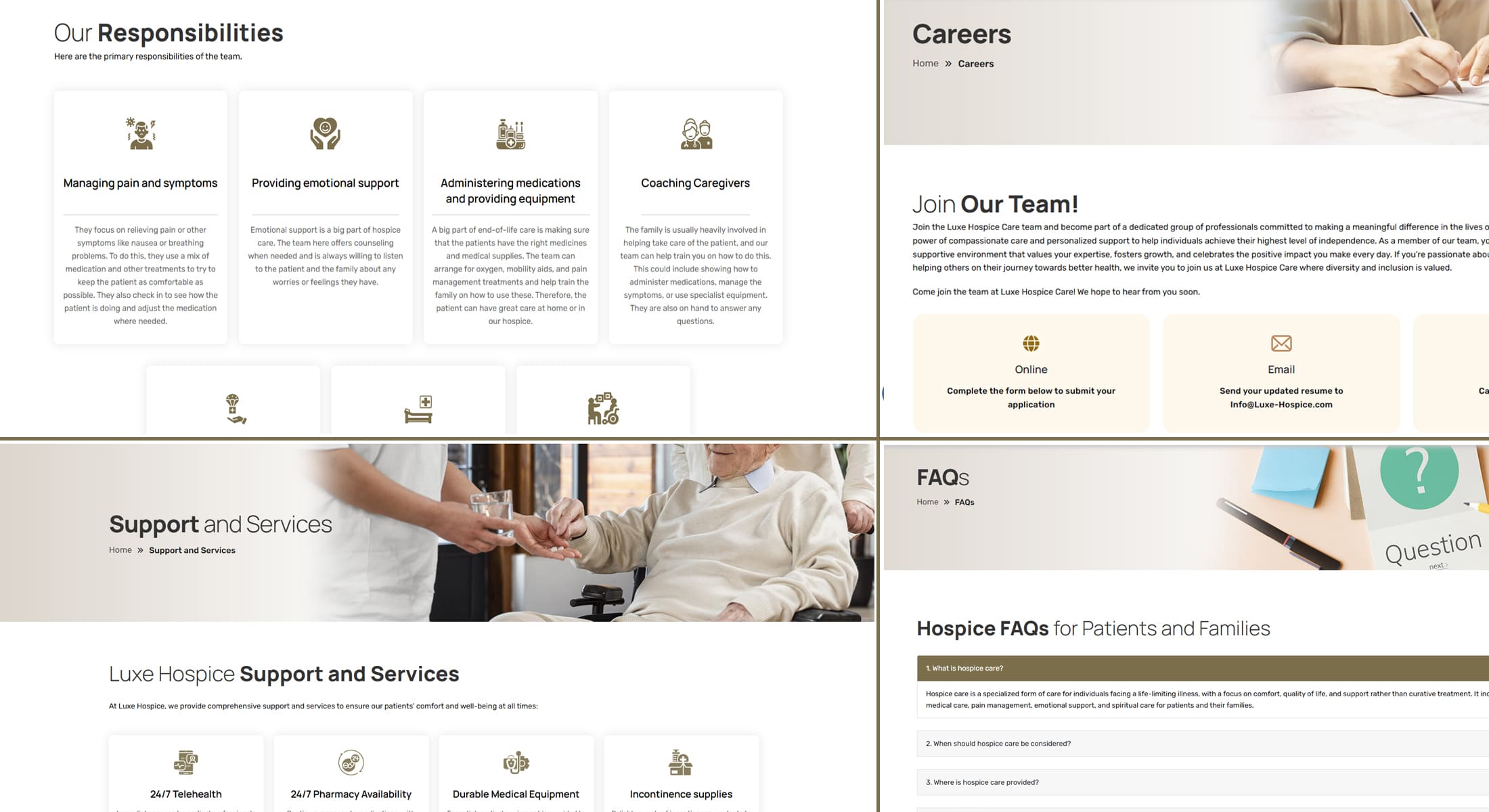Screenshot collage of pages from the Luxe Hospice website