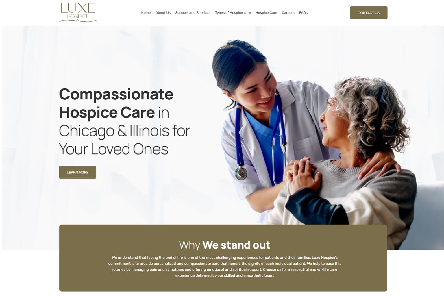 Browser mockup of the Luxe Hospice website homepage