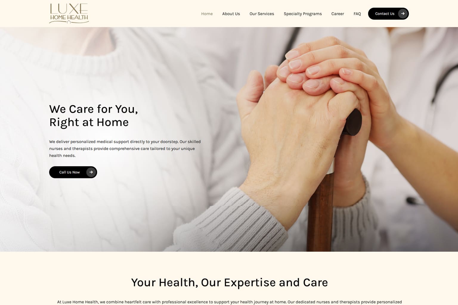 Browser mockup of the Luxe Home Health website homepage