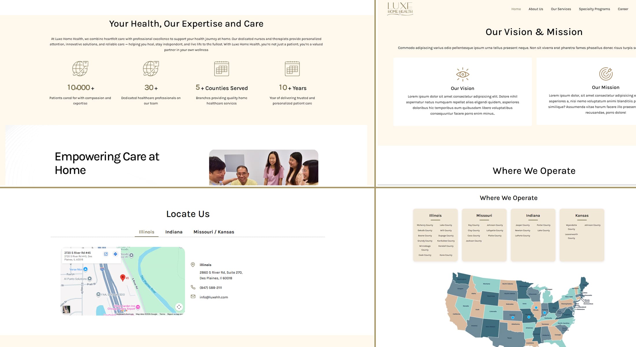 Screenshot collage of pages from the Luxe Home Health website