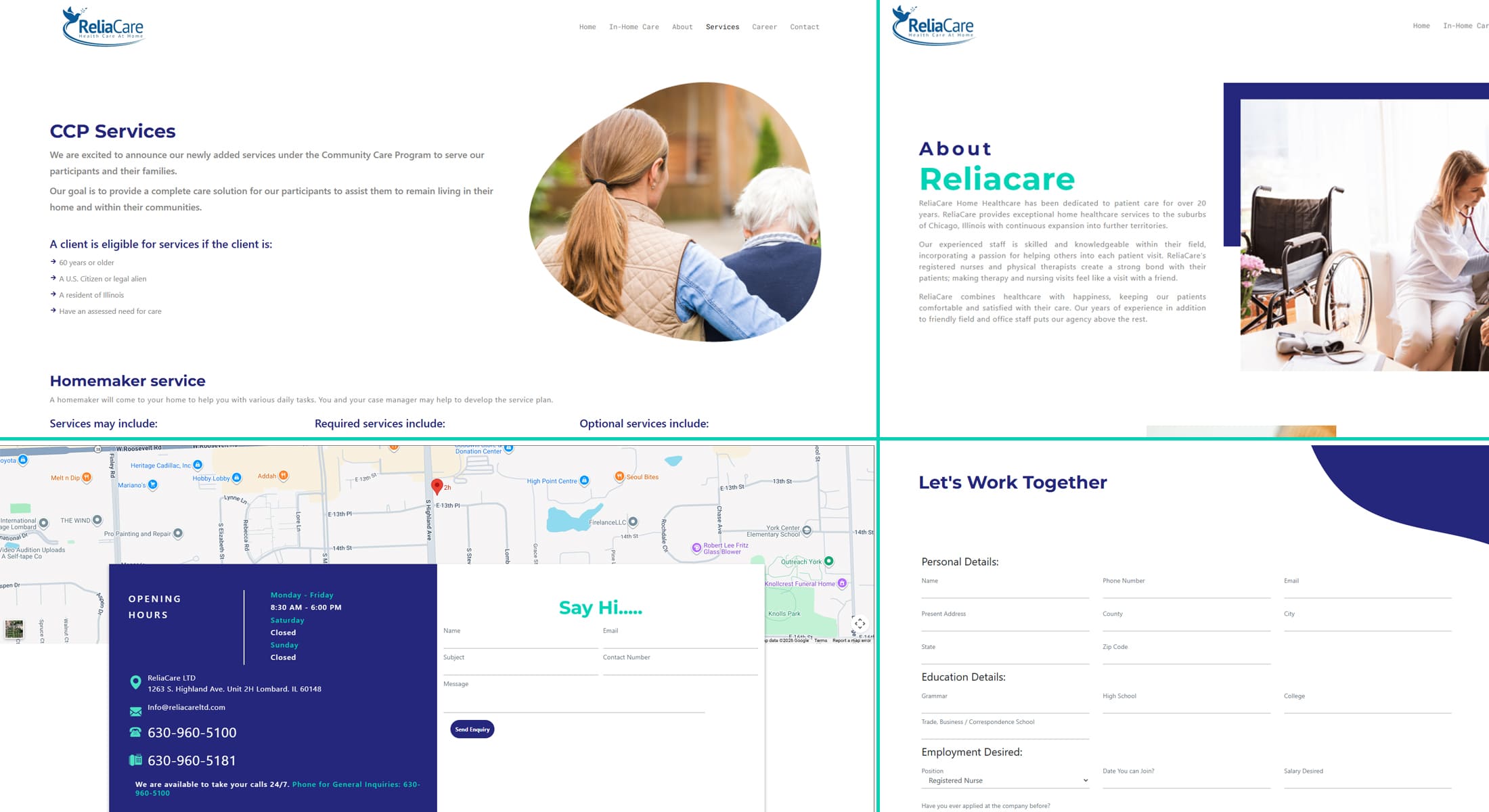 Screenshot collage of pages from the Reliacare website