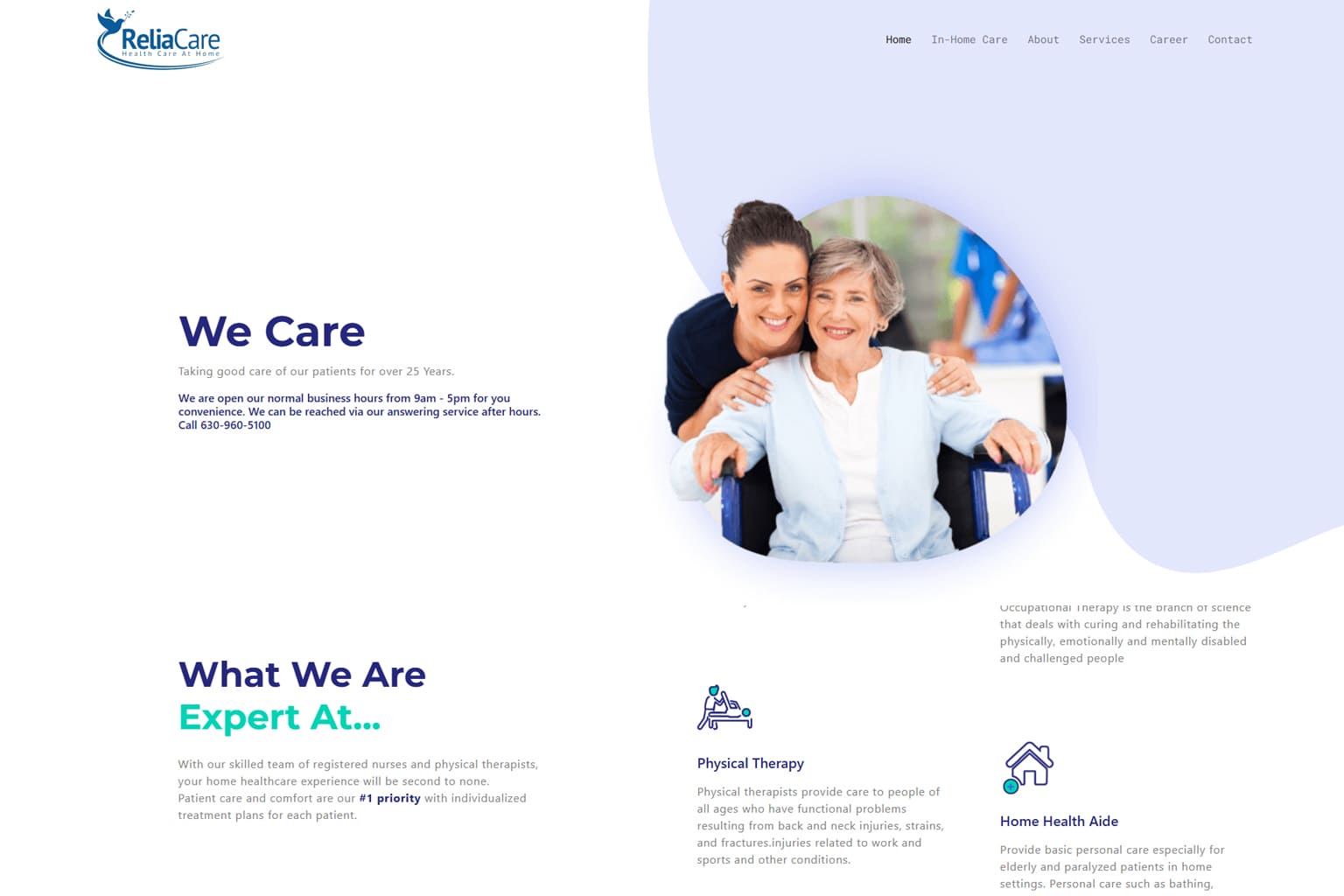 Browser mockup of the Reliacare website homepage